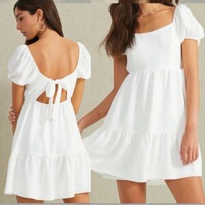Altard State “Mckenzie” White Mini Dress Puffy Sleeves Tie-Back Dress Med NWOT